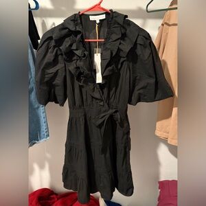 House of Harlow 1960 Black Ruffle Tie-Waist Midi Dress